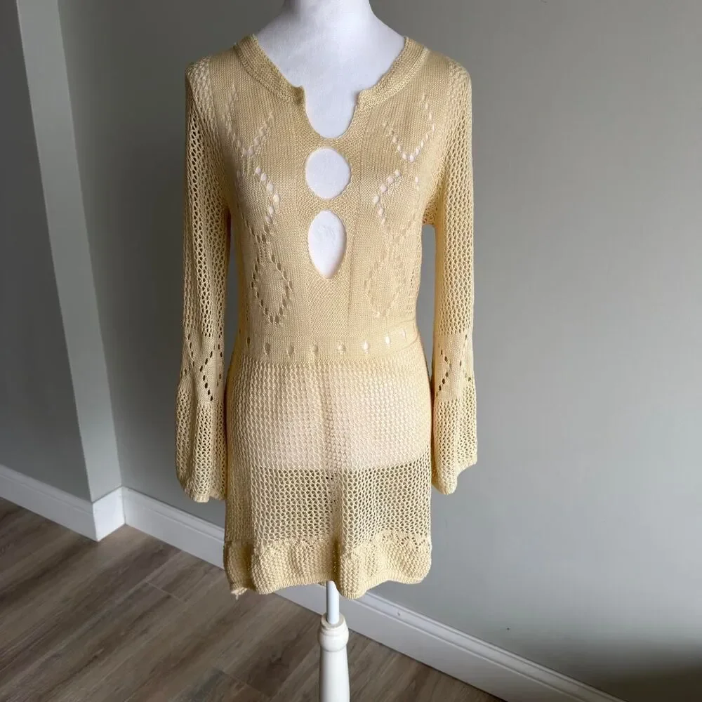 Women's Tan Crochet Cover-up Dress Large Bell Sleeves Cutouts Fairy Boho Beachy